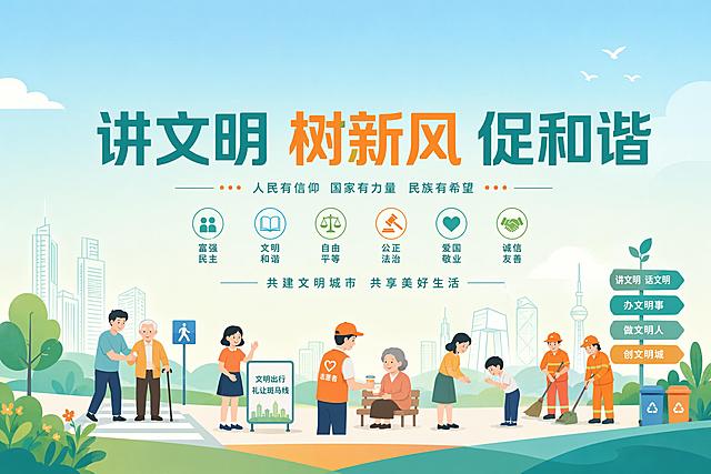 将这张讲文明树新风促和谐海报重新设计为清新简约的现代插画风格。保留"讲文明 树新风 促和谐"主标题文字，整体色调改为清新的蓝绿色系搭配暖橙色点缀，背景采用简洁的渐变天空和几何色块，去掉传统红绸、华表等元素，换成现代简约的城市建筑线稿和自然绿植元素。人物插画改为扁平化简约风格，画面更加干净清爽，留白充足，字体改为简洁现代的无衬线字体，整体风格年轻时尚，富有活力。