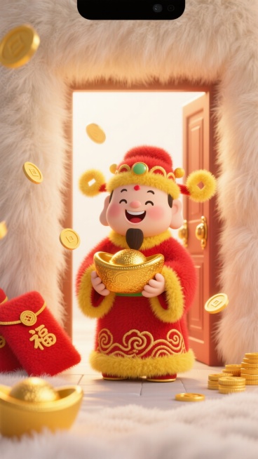 中式可爱财神微笑站在门口，手里捧着金元宝，身旁飘落金币和红包，门口温暖光线照射，明亮欢乐色彩，简洁背景，竖屏手机壁纸，超清晰，4K预览效果