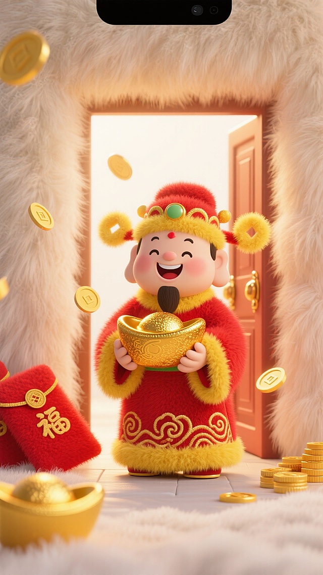 软3D风卡通财神，毛发生长质感服饰，鎏金元宝与金币环绕，喜庆红黄配色，重拟物细节，春节氛围浓厚。