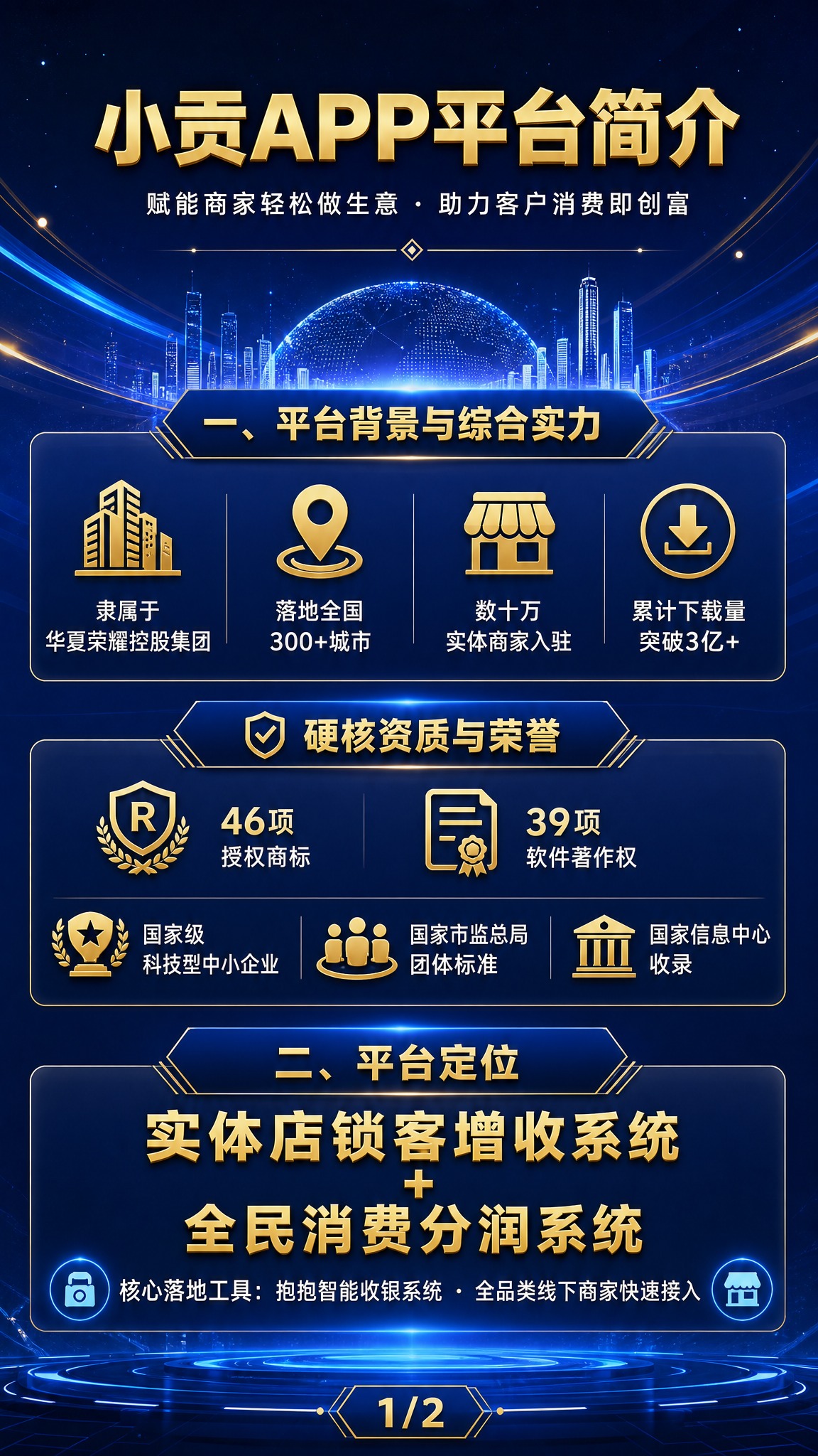 品牌主视觉海报第1页，科技商务风格，深蓝渐变背景搭配金色点缀，… - 图片创意预览