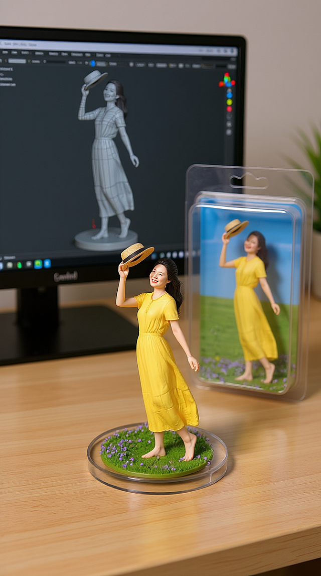 清新3D微缩艺术，黄色裙装少女立于草地上，背景屏幕呼应，整体风格现代而梦幻。