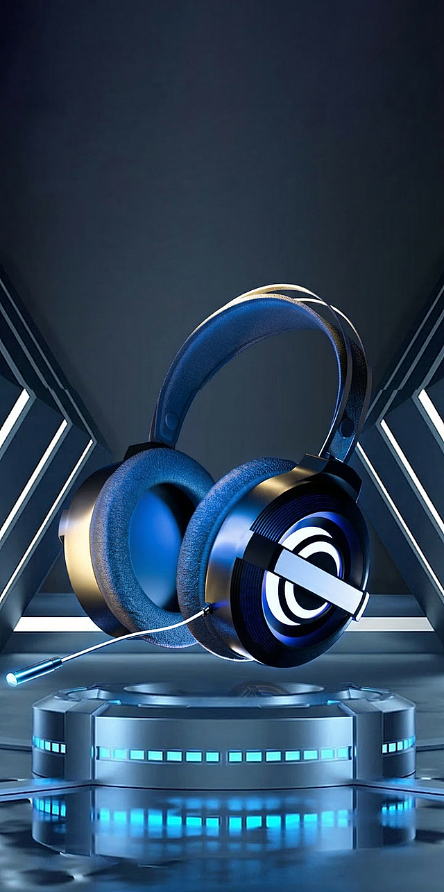 将图1场景中的耳机产品替换为图2的耳机产品，保持原场景的科技感蓝色发光氛围，高清高质量