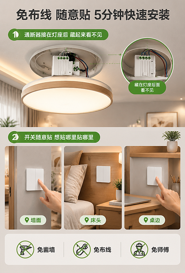 [详情页-6 免布线安装] 免布线随意贴安装示意图，淘宝详情页，步骤图解风格。
[画面] 画面分为上下两部分：上半部分是通断器安装示意，展示通断器藏在吸顶灯灯座后面，连接电线；下半部分是开关随意贴示意，展示开关贴在墙面、床头、桌边等不同位置；背景是温暖的家装场景，浅灰墙面，柔和暖光。
[文案] 顶部大标题："免布线 随意贴 5分钟快速安装"，深灰色粗黑体；步骤1："通断器接在灯座后 藏起来看不见"；步骤2："开关随意贴 想贴哪里贴哪里"；底部三个小图标："免凿墙""免布线""免师傅"。
[风格] 暖灰家装背景，步骤图解，清晰易懂，温馨实用。
[比例] 竖版详情页，宽度750px，高度1100px左右。
[负向] 错字、糊字、场景杂乱、产品变形。
