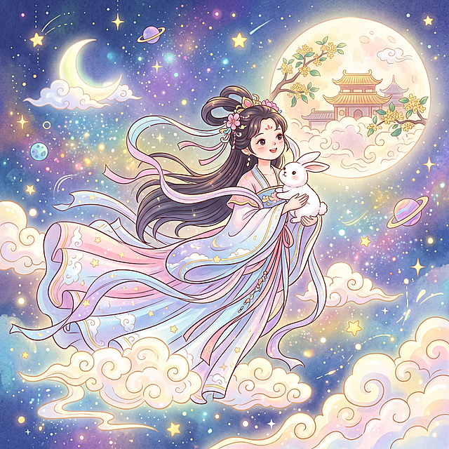 卡通风格的嫦娥奔月形象，嫦娥身着飘逸古风仙裙，怀抱玉兔飞向明月，背景是梦幻星空，整体画风可爱生动，色彩明亮柔和