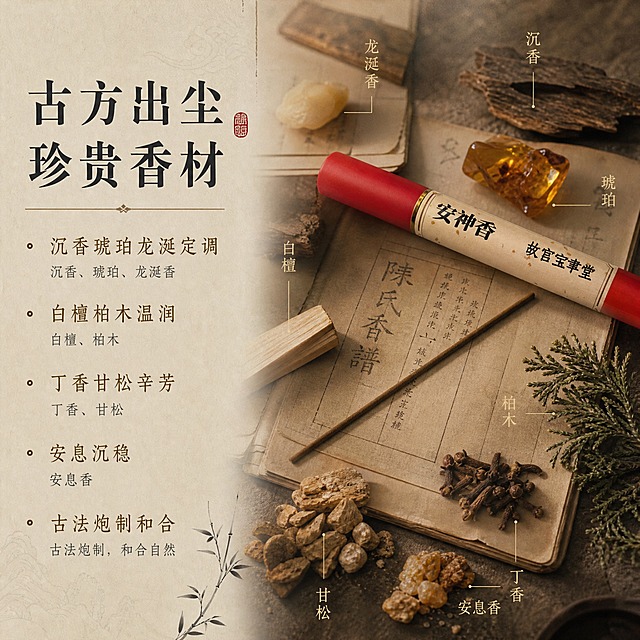 [主图-2] 核心亮点 古方传承与珍贵香材展示
[统一基调] 东方宋式雅致风格 静谧禅意 小红书原生氛围感 深墨蓝与暖金为主色调 米白宣纸质感辅助 主标题用宋体风格书法衬线字体深墨色 辅助文字用细黑体暖金色 整体低饱和高级感 留白充足
[画面] 画面采用左右分栏构图 左侧为文字信息区 右侧为产品展示区 右侧展示红色线香管与一支取出的棕色线香 线香斜放在古旧的宋版书页上 书页上有模糊的陈氏香谱字样 周围散落摆放沉香木块 琥珀原石 白檀木块 柏木枝 丁香 甘松 安息香等香材原料 每种原料旁有细线引出标注名称 产品与原料自然摆放 有古雅质感
[光影质感] 暖调柔光 木质香材纹理清晰 琥珀有通透光泽 书页有年代感 整体光影温暖柔和 仿佛古籍灯下的场景
[配色] 主色米黄宣纸色 辅色深棕 暖金 朱砂红 古雅暖色调
[文字版式] 左侧上方主标题 古方出尘 珍贵香材 下方分点列出 沉香琥珀龙涎定调 白檀柏木温润 丁香甘松辛芳 安息沉稳 古法炮制和合 每点前有小圆点装饰 文字竖排与横排结合 排版雅致
[输出要求] 比例1:1 文字清晰可读 产品清晰 无变形 无错字 无水印 无平台logo 古雅真实
