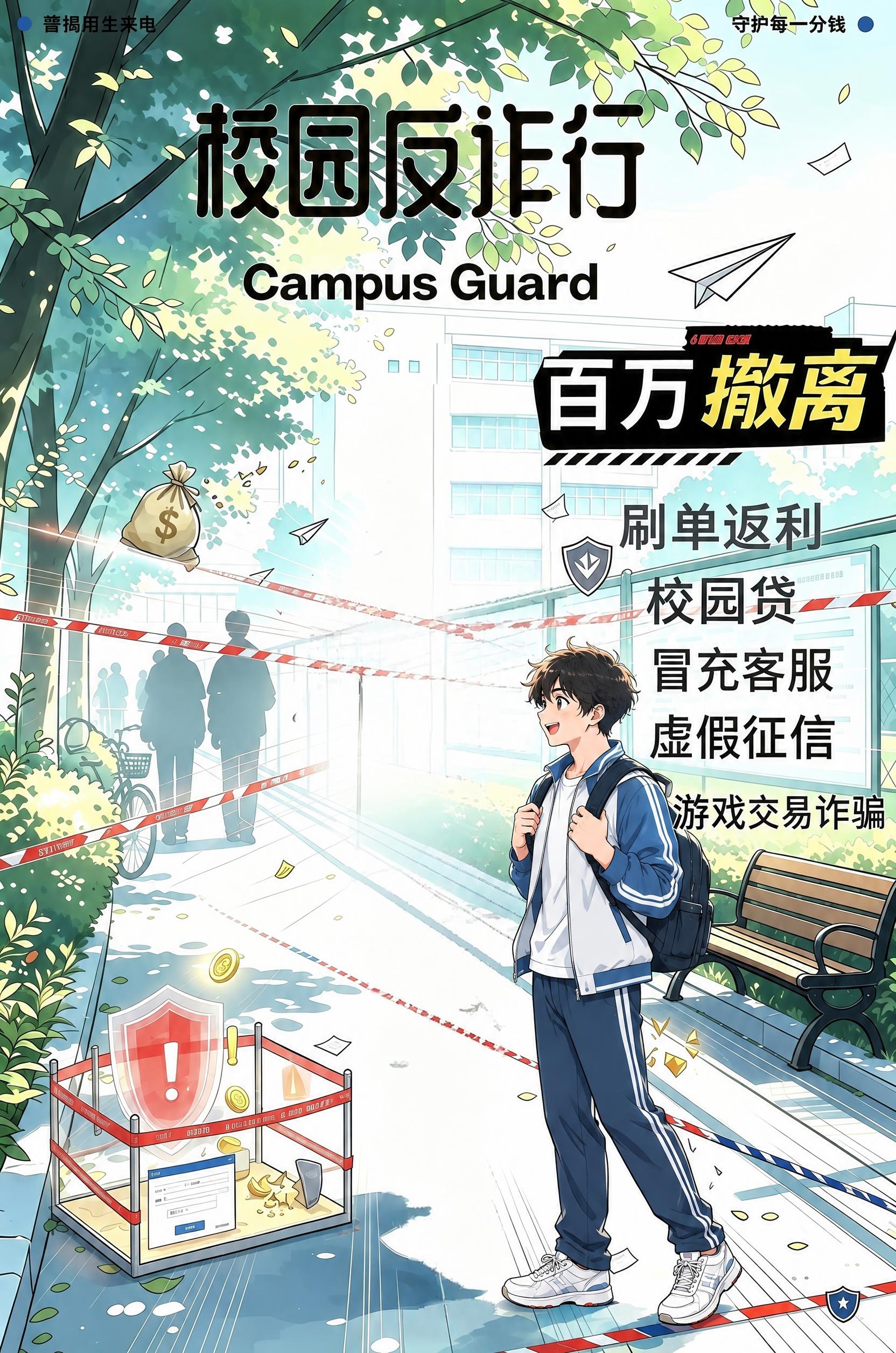 在这张校园反诈海报中添加一个背着书包、青春阳光的大学生人物，人… - 图片创意预览