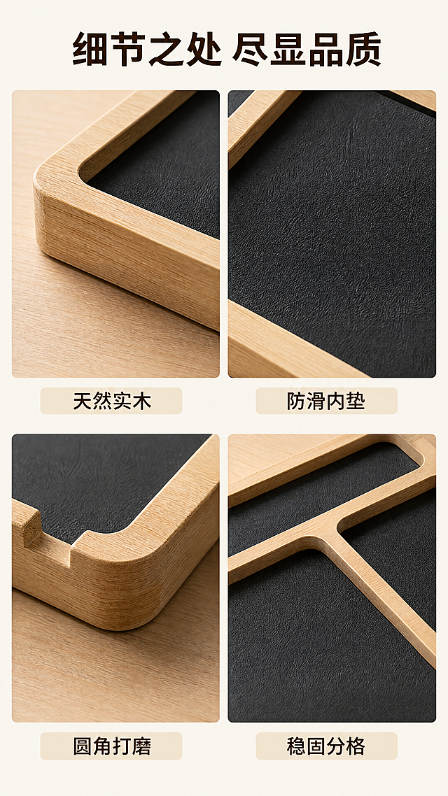 [第4屏] 四宫格细节展示，呈现核心材质与设计优势。本屏使用【图1】产品细节生成各宫格特写，保持产品材质颜色与原图一致。
[氛围/风格] 细节微距展示，真实可信，干净专业的商业细节展示风格。
[元素布局] 采用2×2四宫格排版，每宫格展示一个产品细节：第一格展示实木边框纹理特写，第二格展示黑色内垫防滑质感特写，第三格展示圆角打磨边缘特写，第四格展示分格卡位结构特写。四宫格间距均匀，顶部预留主标题区域，底部留白。
[光影质感] 每个宫格光线均匀，细节纹理清晰突出，木材纹理和内垫质感真实可见，微距清晰。
[配色色系] 全局底色：#F7F3E9，保持整套统一，每个宫格背景为浅原木色，主体配色延续产品原有色系。
[视角构图] 每个宫格采用局部微距视角，构图聚焦细节，四宫格均衡分布。
[文字版式] 顶部主标题："细节之处 尽显品质"，深棕色粗体居中；每个宫格底部标注短标题："天然实木"、"防滑内垫"、"圆角打磨"、"稳固分格"；文字浅米色底深棕色字，清晰不遮挡细节。
[比例分辨率] 9:16 竖版比例，4K分辨率，文字清晰可读。
[负向提示词] 细节模糊，结构变形，文字错乱，颜色偏差，水印，诱导点击