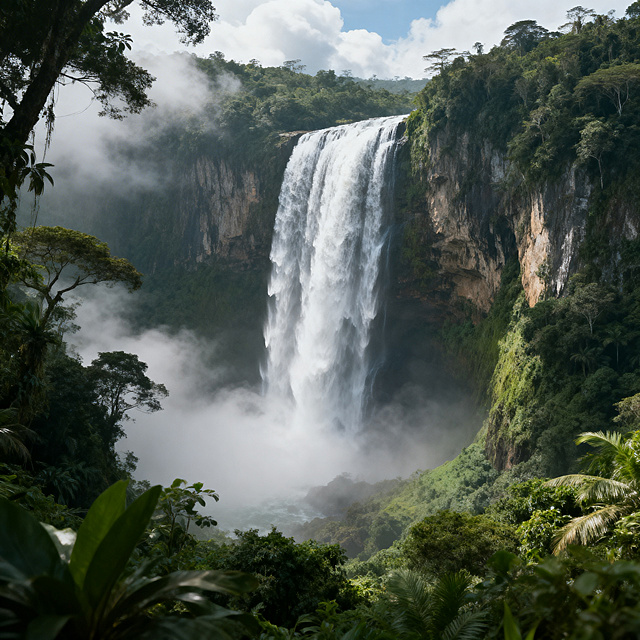 飞屋环游记仙境瀑布自然风光，巨大瀑布从悬崖落下，翠绿丛林环绕，云雾缭绕，神秘梦幻，电影场景还原