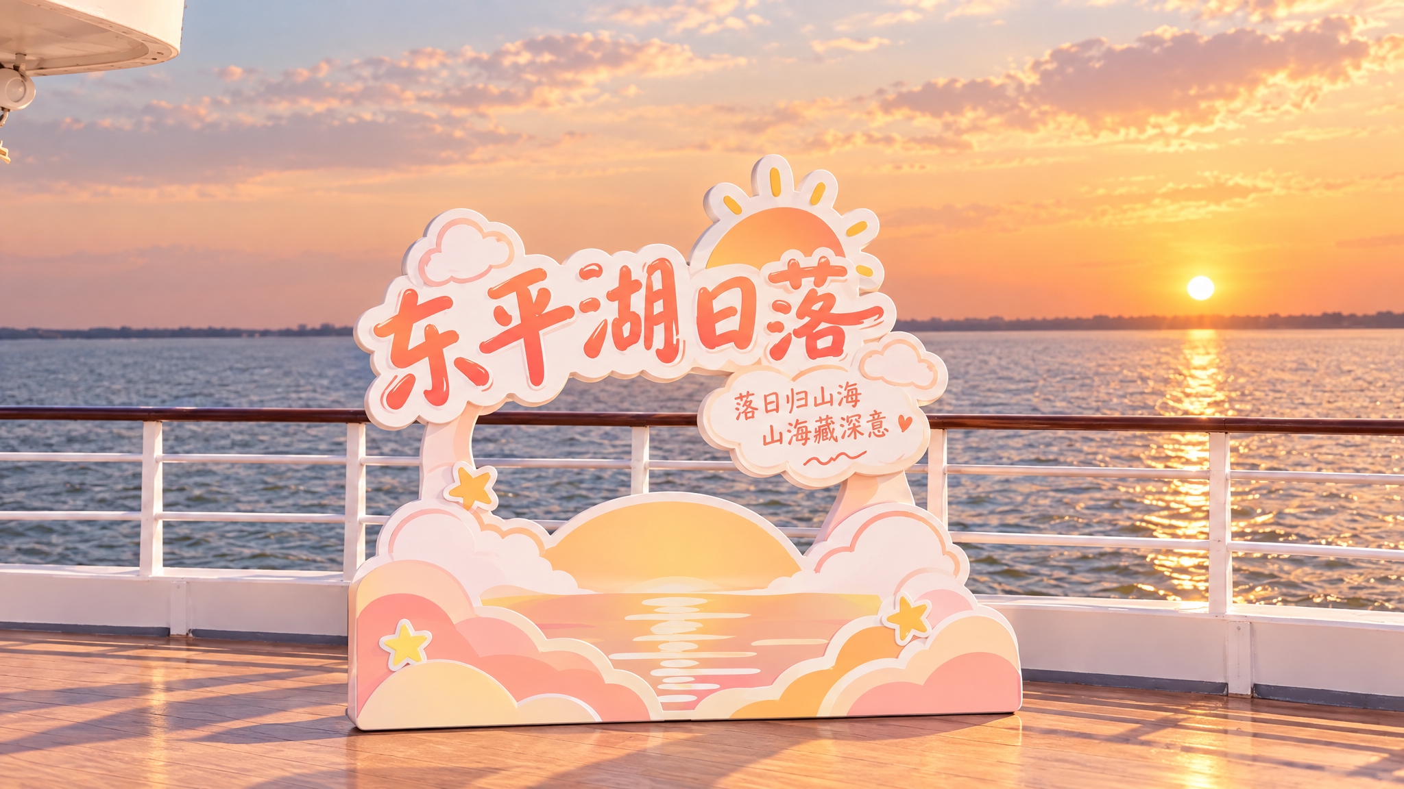 参考图中的清新治愈卡通风格，生成第二个东平湖看日落主题立体字打… - 图片创意预览