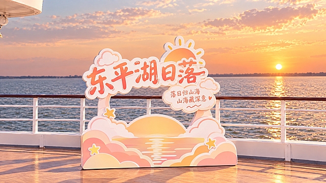 参考图中的清新治愈卡通风格，生成第二个东平湖看日落主题立体字打卡牌：不要镂空，只有字体造型，PVC立体字，半圆日落云朵造型底座，主文字"东平湖日落"，辅助小字"落日归山海 山海藏深意"，装饰元素：落日、小云朵、小星星，浅橘粉+奶白马卡龙配色，温柔治愈，简约大气不花哨，文旅风，适合单人打卡，尺寸适中。牌子镶嵌在游船白色栏杆上，后面是辽阔的东平湖湖面，黄昏日落暖金色，真实自然的游船甲板场景，透视准确，光影温暖，高清2K