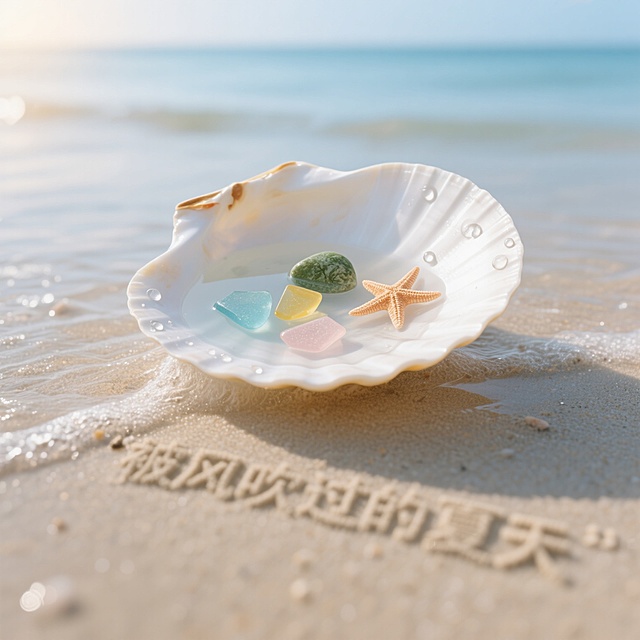 贝壳轻拟物风，水彩般柔和色彩，海边实景浪漫，清新舒适唯美感。“北风吹过的夏天”