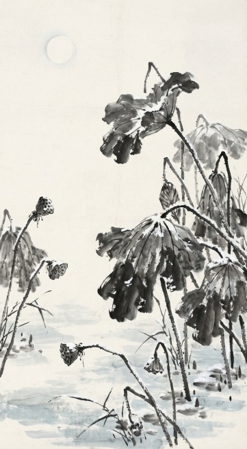 参考原图中国水墨国画风格，绘制冬季的荷花，枯荷残枝，覆薄雪，萧瑟留白，冷色调背景，水墨写意，意境孤寂悠远预览效果