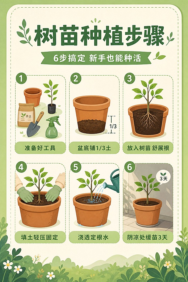 竖版手卡正面设计，树苗种植步骤说明卡片，清新自然扁平插画风，主色调为清新绿色+米白色。顶部大标题"树苗种植步骤"，副标题"6步搞定 新手也能种活"。画面主体是6个步骤的圆形/圆角方形小插画，从上到下分两排排列，每步配简短白话文文字：1.准备工具（花盆、营养土、小铲子、喷壶、树苗的插画）文字"准备好工具"；2.盆底铺土（花盆底部铺1/3土的插画）文字"盆底铺1/3土"；3.放入树苗（树苗居中放入花盆的插画）文字"放入树苗 舒展根"；4.填土固定（四周填土轻压的插画）文字"填土轻压固定"；5.浇定根水（浇水壶浇透水的插画）文字"浇透定根水"；6.缓苗（放阴凉处的插画）文字"阴凉处缓苗3天"。整体多图少字，文字简洁易懂，排版精美，四周留安全边距，扁平插画风格统一，色彩清新自然。画面中所有信息区域必须填充完整合理的内容，不得出现空白框或占位。