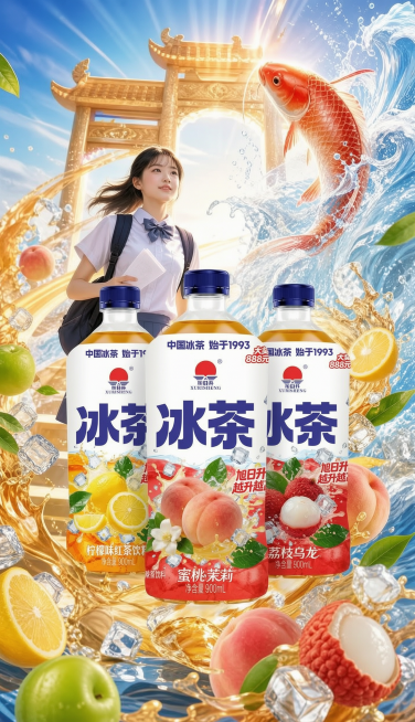 将原图里的1款饮料，修改成3款饮料包装，使用图2、图3、图4的三款产品，分别替换原来的瓶身，保持瓶型比例协调不变形，保留原图其他所有画面内容，包括人物、锦鲤、水花、水果、背景建筑等都不改变预览效果