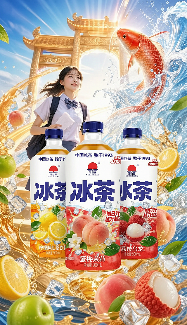 将原图里的1款饮料，修改成3款饮料包装，使用图2、图3、图4的三款产品，分别替换原来的瓶身，保持瓶型比例协调不变形，保留原图其他所有画面内容，包括人物、锦鲤、水花、水果、背景建筑等都不改变