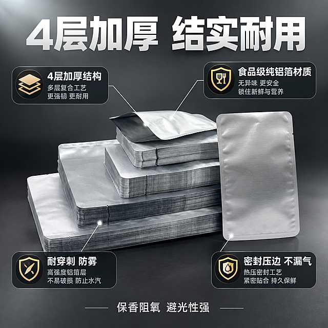 [主图-2] 核心功能亮点证明图，展示铝箔袋4层加厚结构与耐穿刺防雾性能，用引线标注各部位优势。
[统一基调] 拼多多风格，大字直白性价比感，深灰渐变高级背景，主标题白色粗体大字，辅助文案浅灰色，强调色用金属银，字体为无衬线粗体，信息卡片用半透明深色圆角底板，整体高级工业风。
[画面] 画面中央展示银色纯铝箔真空袋单袋特写，产品占画面约60%，保持产品原有形状、颜色、材质、圆形端头和透视角度不变。以产品为中心，用细引线从不同部位引出标注：左上角引线指向袋身标注"4层加厚结构"，右上角引线标注"食品级纯铝箔材质"，左下角引线标注"耐穿刺 防雾"，右下角引线标注"密封压边 不漏气"。每个引线末端有定位光点，旁边配文字说明和小图标。背景为深灰色高级质感背景。
[光影质感] 商业摄影质感，柔和侧光突出铝箔材质的金属光泽与细腻褶皱，产品立体感强，底部有自然接触阴影，材质真实还原。
[配色] 背景深灰渐变，引线白色带光点，文字白色，图标用金色或银色点缀。
[文字版式] 顶部大标题"4层加厚 结实耐用"白色粗体大字，下方4个引线标注分别对应4个核心卖点，每个标注有图标+文字，文字清晰不遮挡产品主体。底部小字"保香阻氧 避光性强"。
[输出要求] 1:1正方形，2048*2048，文字清晰可读，产品清晰不变形，禁止产品变形、禁止改变圆形端头形状、禁止改变透视角度、禁止减少产品、禁止改变产品颜色、无水印、无平台Logo、无宣传泡沫元素。