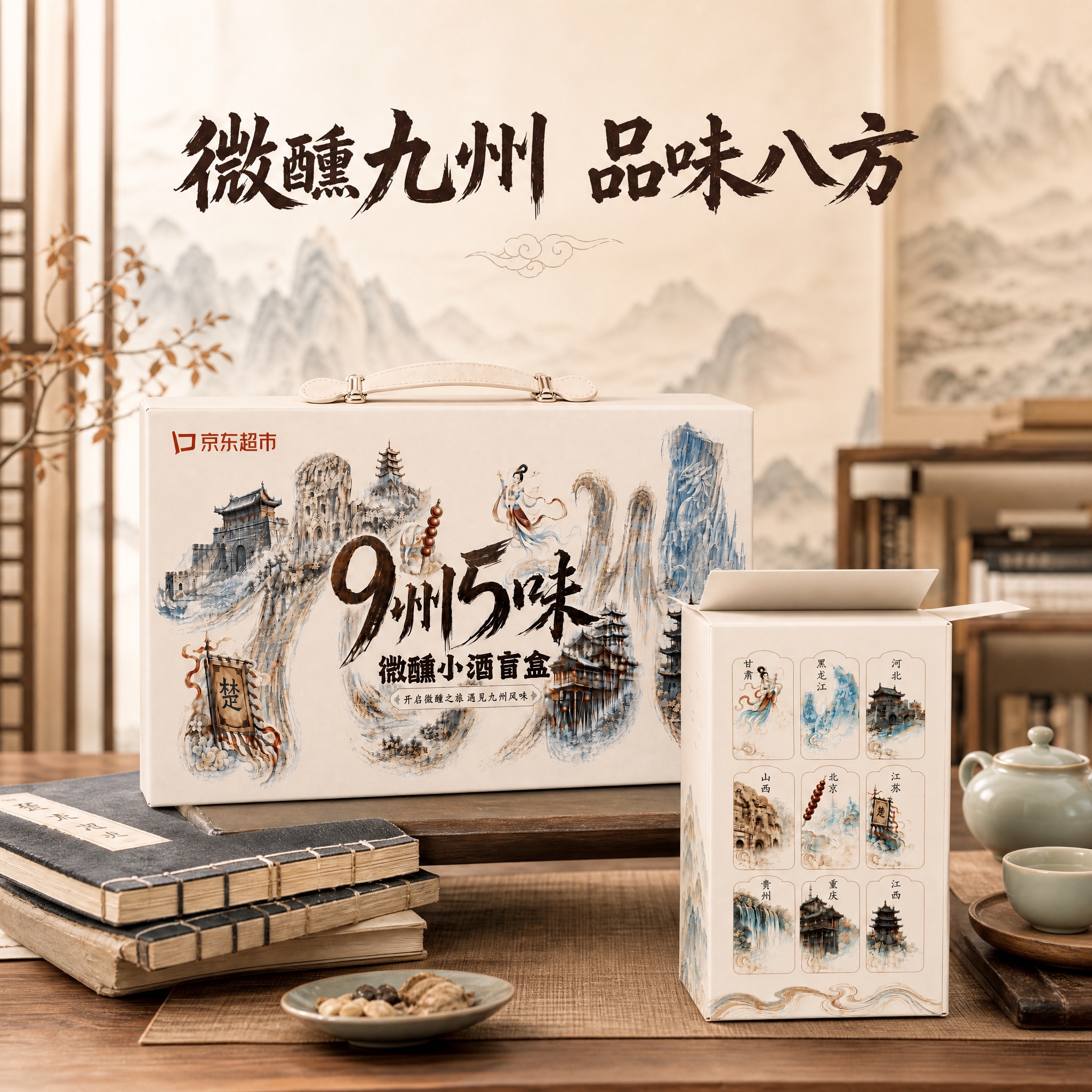 京东电商主图场景图，1:1比例，新中式国潮水墨风格，米白暖色调… - 图片创意预览