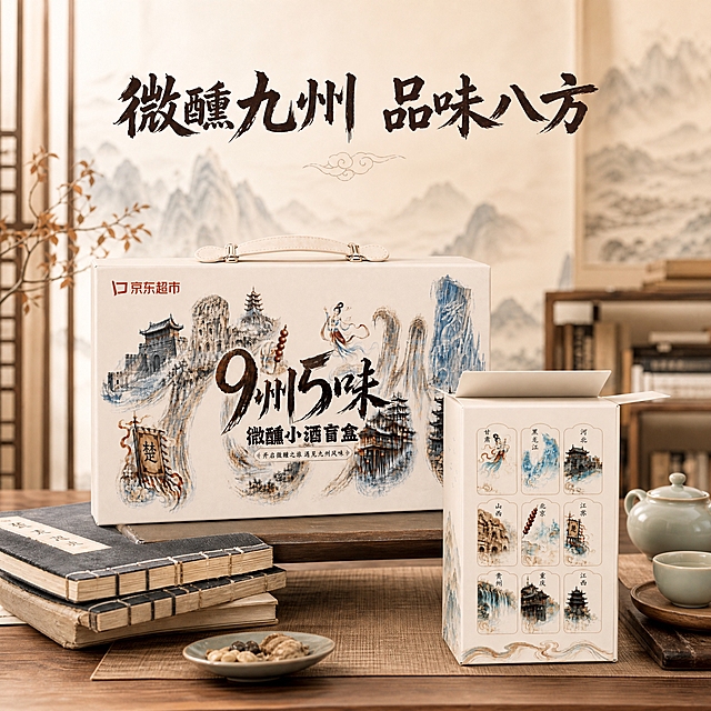 京东电商主图场景图，1:1比例，新中式国潮水墨风格，米白暖色调，品质感强，文字占比<30%。背景为淡雅的米白色渐变，带有淡金色山水剪影，简洁大气。场景为新中式茶室/书房：木质茶桌上摆放9州5味微醺小酒盲盒大礼盒和一个打开的小盲盒，旁边有茶具和几本古籍，营造雅致的品鉴氛围。背景是虚化的新中式书房，有书架和山水画。产品是视觉焦点，占画面约40%。无饮酒动作。顶部简洁标题：微醺九州 品味八方（深棕色书法体）。新中式国潮风格，米白暖色调，色系统一，品质感强，文字简洁不超过30%。商业摄影质感，柔和暖光，氛围雅致。严格保持产品包装信息与输入图一致，礼盒造型、文字、图案不得修改。比例1:1，2K分辨率，无水印无平台logo，无广告法违禁词，无日期无直发宣传。