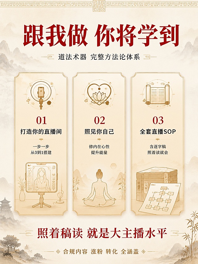 [主图-3] 课程三大核心内容 新中式文化感
[氛围风格] 东方新中式 专业系统 内容丰富有层次
[画质] 商业设计质感 画面精致 文字清晰 排版有序
[元素] 画面背景为浅米白色宣纸纹理 隐约有淡墨山水晕染 画面顶部有简约的中式回纹装饰线条 画面主体分为三个横向排列的卡片模块 每个卡片为竖长方形 带有细金色边框 卡片底色为渐变的浅米色到淡金色 三张卡片之间有均匀间距 第一张卡片内 顶部一个古朴的直播间图标 下方是手机直播画面的简约线稿 第二张卡片内 顶部一个心形与莲花结合的图标 下方是一个人静坐冥想的简约线稿 第三张卡片内 顶部一卷展开的竹简图标 下方是厚厚的书稿和SOP流程图的简约线稿 卡片下方各有对应的内容说明文字
[光影] 均匀柔和的顶光 整体明亮通透 卡片有轻微的投影增加立体感 没有强烈阴影
[配色] 主色调米白 浅金 朱砂红 文字主要为墨黑色 重点文字朱砂红 点缀金色
[视角构图] 正面平视 三卡片横向均匀分布 上下留有充足的标题和底部文案空间 构图平衡有序
[文字版式] 顶部居中大标题 朱砂红粗体宋楷 "跟我做 你将学到" 字体最大最醒目 大标题下方一行墨黑色小字副标题"道法术器 完整方法论体系" 字体约为标题的30% 第一张卡片内文字 顶部朱砂红大字"01" 下方墨黑色中等字号"打造你的直播间" 再下方两行极小字"一步一步 从0到1搭建" 第二张卡片内文字 顶部朱砂红大字"02" 下方墨黑色中等字号"照见你自己" 再下方两行极小字"修内在心性 提升能量" 第三张卡片内文字 顶部朱砂红大字"03" 下方墨黑色中等字号"全套直播SOP" 再下方两行极小字"含逐字稿 照着读就会" 底部居中一行朱砂红粗体字"照着稿读 就是大主播水平" 底部最下方一行极小金色字"合规内容 涨粉 转化 全涵盖" 所有文字清晰可读 排版整齐有序
[输出要求] 3:4比例 超高清商业设计质感 文字清晰可辨
[负向提示词] 变形 文字错乱 模糊 水印 电商平台Logo 杂乱元素