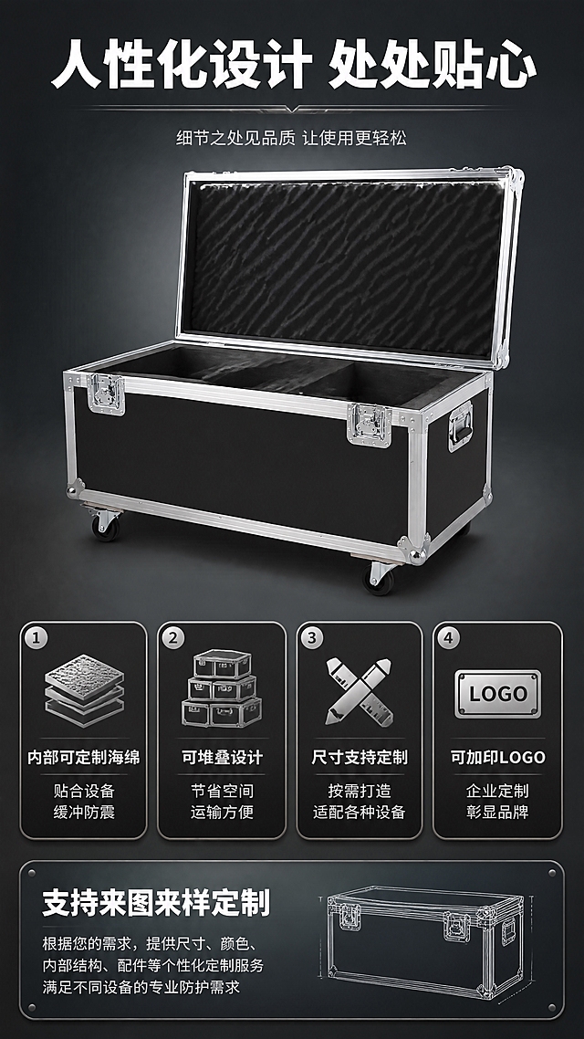 [商品] 使用【图1】黑色铝合金航空箱；保留整体结构和外观特征；展示人性化设计亮点。
[画面] 目标：人性化设计页，展示航空箱的贴心设计与可定制化服务。构图：上中下结构，上部产品半侧展示（打开状态，内部有海绵），中部4个图标+短文案的人性化亮点，下部可定制说明。景别：中景+图标组合。前中后景：深灰渐变背景，中景航空箱（开盖状态展示内部结构），下方悬浮4个图标卡。阅读动线：从上到下，先看开盖内部结构再看人性化亮点。
[视觉] 套系策略：风格=工业风硬朗商业摄影，高级质感；标题字=粗黑体，厚重有力；正文字=简洁无衬线黑体；主色=炭黑+金属银；背景延展=深炭灰渐变打底，中心区域略亮；强调色=亮银色，仅用于小面积图标和高光点缀；标题色=纯白；正文色=浅银灰；组件=圆角深色图标卡、银色细线、编号圆点；光影=顶部主光，开盖内部有补光展示海绵结构。
[文字] 顶部主标题「人性化设计 处处贴心」。中部4个亮点：① 内部可定制海绵 — 贴合设备 缓冲防震；② 可堆叠设计 — 节省空间 运输方便；③ 尺寸支持定制 — 按需打造 适配各种设备；④ 可加印LOGO — 企业定制 彰显品牌。底部标注「支持来图来样定制」。文字全部横排。
[规格] 图片比例9:16竖版，4K分辨率，负向提示：避免变形、缺件、颜色偏差、文字模糊、竖排文字、斜排文字、卡通风格、塑料质感、极限词、内部结构虚构。