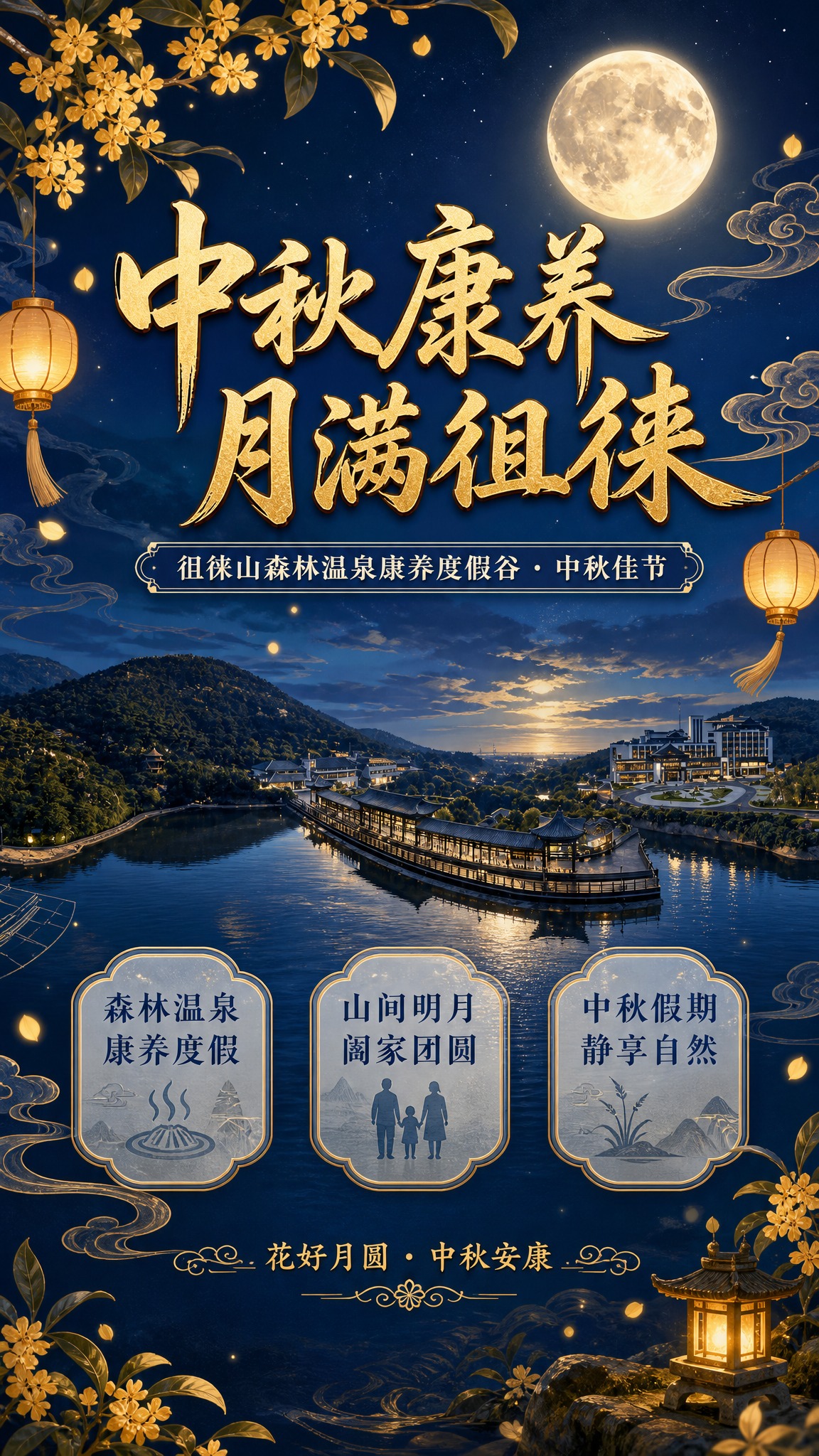 基于徂徕山森林温泉康养度假谷的风景全景图，制作一张中秋节节日海… - 图片创意预览
