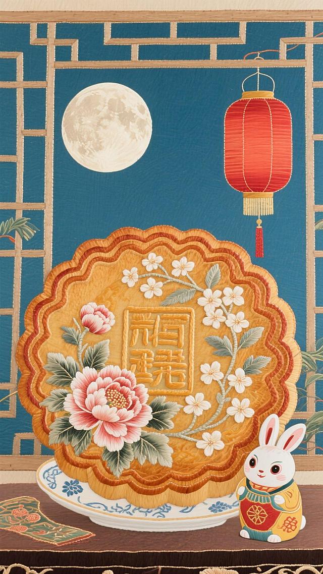 工笔插画风融合刺绣质感，古典窗格与红灯笼烘托中秋喜庆氛围，玉兔相伴，月满人间，尽显中式复古韵味。