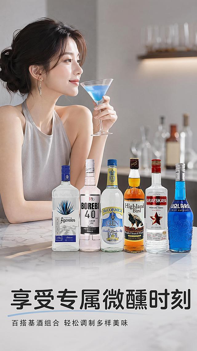 [第5屏] 详情页模特展示屏-百搭调酒基酒产品分享氛围。本屏产品放在画面右下，保留外观和文字与输入一致。
[氛围/风格] 现代轻生活方式，高级氛围感，柔和商业摄影质感，亚洲模特符合国内审美。
[元素布局] 左上半身年轻女性模特，侧脸手持一杯蓝色鸡尾酒，右侧放置基酒套装产品，产品占画面约60%，背景简约浅灰色吧台背景，层次分明，模特肩部以上入镜，产品清晰突出。
[光影质感] 左侧柔和自然光，右侧产品补光，整体明暗层次舒服，产品清晰真实。
[配色色系] 背景浅灰，主色产品本身色彩，点缀鸡尾酒蓝色，整体和谐高级。
[视角构图] 模特左上，产品右下，对角线构图，主体突出。
[文字版式] 底部主标题「享受专属微醺时刻」，字体圆角黑体，清晰不遮挡产品。
[比例分辨率] 9:16 竖版比例，4K分辨率，文字清晰可辨，高清画质。
[负向提示词] 产品变形，瓶身文字错乱，模特面部遮挡产品，颜色偏差，水印，文字过小