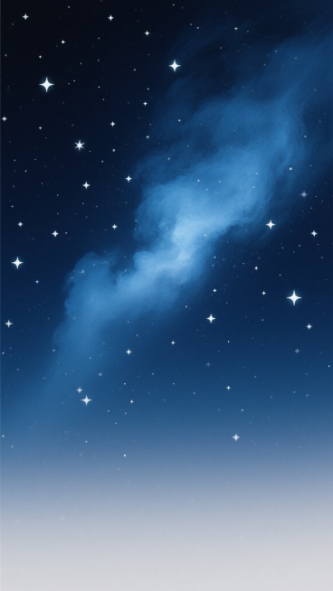 夜空背景，深邃的深蓝色渐变至底部柔和的浅灰色，散布着无数大小不一、亮度各异的白色星星，中央偏右位置有一片朦胧的淡蓝色星云，呈现出柔和的光晕和云雾状纹理，整体画面宁静而神秘，具有数字艺术的平滑质感和渐变效果，无任何文字或标识元素。预览效果