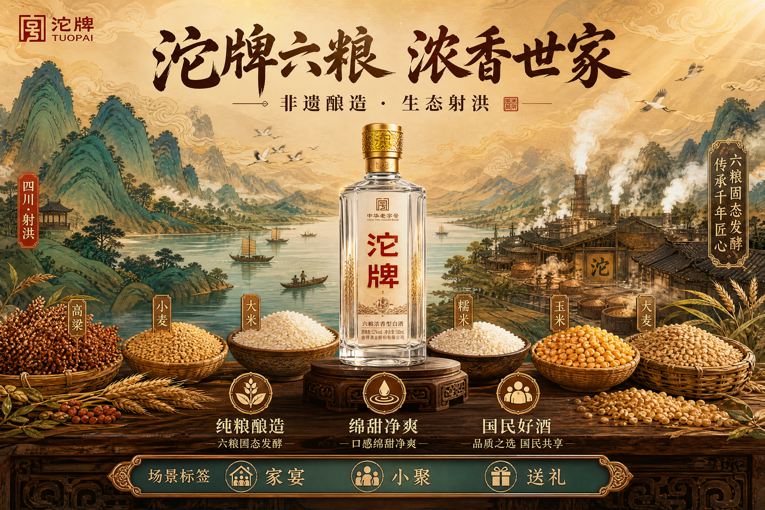 国风白酒海报，横版3:2。画面中央一瓶沱牌白酒立于古朴木质台面… - 图片创意预览