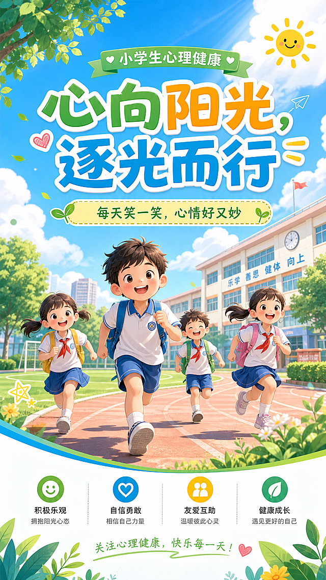 小学生心理健康主题电子海报，主题为"心向阳光，逐光而行"，口号是"每天笑一笑，心情好又妙"，校园风设计，卡通小学生奔跑画面，绿蓝色调清新