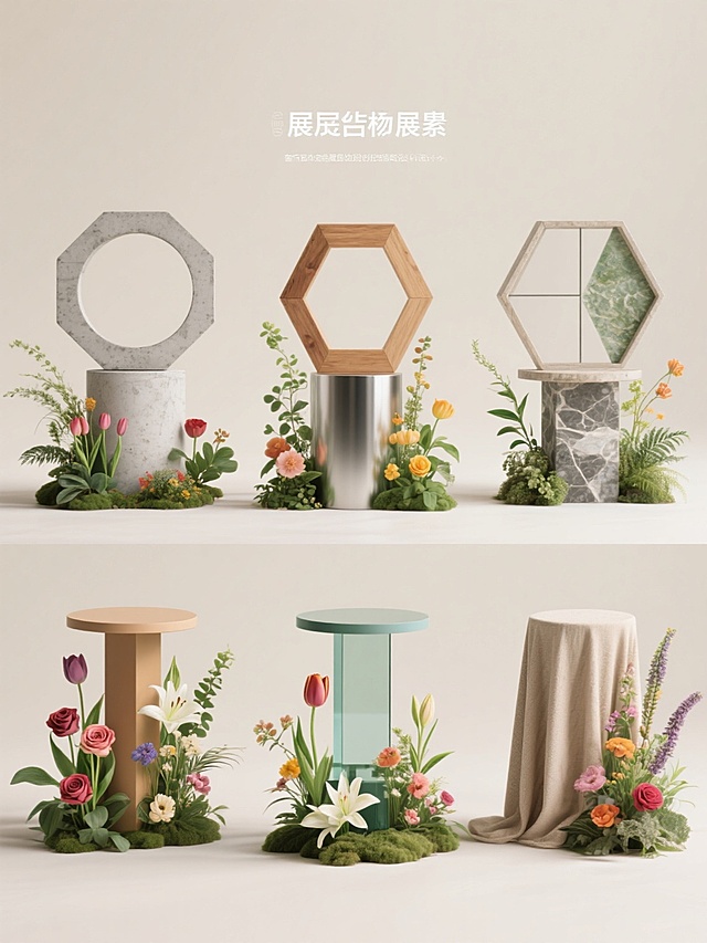 六个不同配色、不同样式、不同材质的展台素材，采用植物花卉装饰，浅色背景，上下两行对齐排列。每个展台都具有独特的设计风格，包括圆形、方形、多边形等不同形状，材质涵盖混凝土、木质、金属、玻璃、石材和布料等。展台周围点缀着各种绿色植物和色彩鲜艳的花卉，如玫瑰、郁金香、百合等，营造出自然清新的氛围。整体画面简洁大方，展台之间间距均匀，布局整齐有序，适合作为产品展示或展览设计的素材使用。