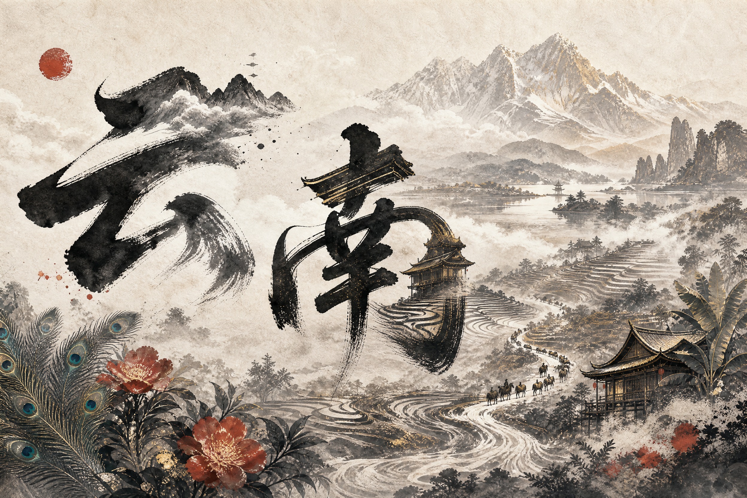 云南省水墨风海报，横版宽幅3:2构图，宣纸纹理背景，东方美学，… - 图片创意预览