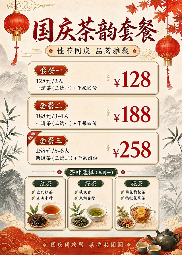 基于参考图重新生成，去除左下角二维码占位方块，去除底部的"活动时间：10月1日-10月7日"文字，保留"国庆同欢聚 茶香共团圆"标语。其余内容保持不变：顶部主标题"国庆茶韵套餐"，副标题"佳节同庆 品茗雅聚"，三档套餐卡片（套餐一128元/2人、套餐二188元/3-4人、套餐三258元/5-6人带推荐角标），底部茶叶选择三列（红茶、绿茶、花茶）。国风新中式工笔风格，米白宣纸纹理背景，红灯笼、红叶、祥云、山水、竹叶装饰，中国红+米金+墨绿配色。版式精美，信息层级分明，四周留安全边距。画面中所有数字必须精确渲染，不得错位、遗漏或编造。画面中所有信息区域必须填充完整合理的内容，不得出现空白框、空白占位。