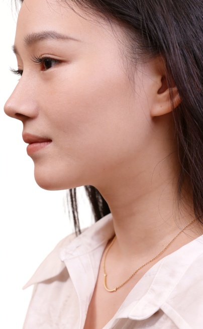 仅清除挡在脸部皮肤上的发丝，保持原图侧颜、发型、白色背景、服装、项链全部不变，不修改脸型肤色，只去除脸上头发预览效果
