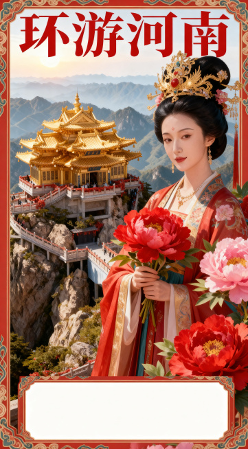 修改海报，将标题改为环游河南，预留出景点列表的空白位置，移除所有文字：价格2199，双卧9日游，玉林起止，团期4月21日，保留老君山金顶景色、盛放的牡丹花、武则天形象，保持国潮风格预览效果