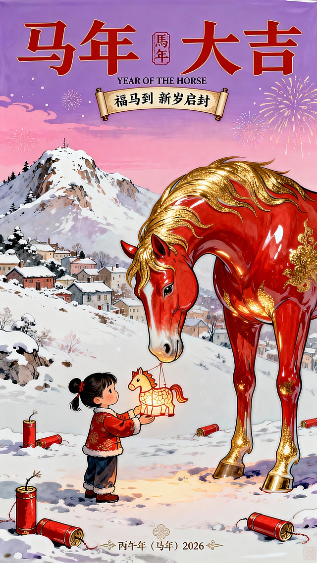 一匹巨大的红色神马（占据画面右侧大半部分，马身散发着神圣的金色光辉，马头低下、鬃毛飘逸）眼神温和地注视着左下角可爱的小女孩（春节喜庆的着装，双手虔诚地捧着一个小马造型的花灯递给马）。背景为积雪覆盖的冬日山顶和小镇，地面散落着若干红色的鞭炮筒，远处是梦幻的粉紫色渐变天空、烟花，动态感，互动感，极致的大小对比。顶部文案组合设计（极具设计感的艺术字大标题“马年 大吉”中间穿插英文“YEAR OF THE HORSE”，旁边装饰印章“馬年”，下面卷轴文本框的正文“福马到 新岁启封”），底部有设计感的小巧的装饰文案“丙午年（马年）2026"，潮流个性的排版