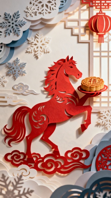 标题：马上有喜
画面描述：多层彩色剪纸艺术风格，具有精致的镂空感和手工刀刻线条。一匹由红色剪纸构成的拟人化骏马，姿态昂扬，马尾和鬃毛化作祥云纹样。它“捧”起的商品糕点同样以剪纸形式表现，。背景是分层叠预览效果