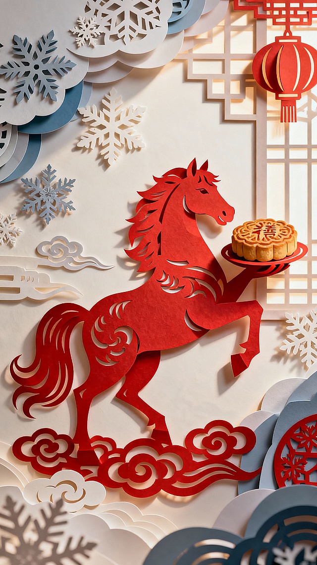 剪纸风与国潮融合，红马拟人托月饼，喜庆中式氛围浓厚，皮影式光影勾勒节日意境。