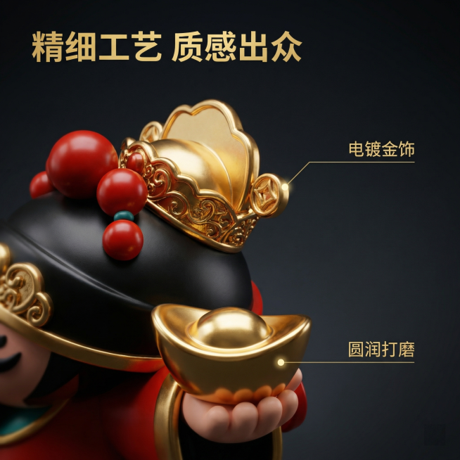 [主图 3 细节特写展示]
主图主题：财神手办工艺细节展示
氛围风格：神秘氛围感，微距特写突出材质质感，保持统一暗调风格
画面元素：放大特写财神手办的头部装饰和金元宝手部细节，展示哑光塑料和电镀金箔的预览效果