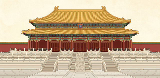 故宫保和殿，严格保持保和殿真实建筑形态，参考图提供的国潮扁平插画风格，浅米黄底色，红墙黄瓦，干净简约单建筑居中构图