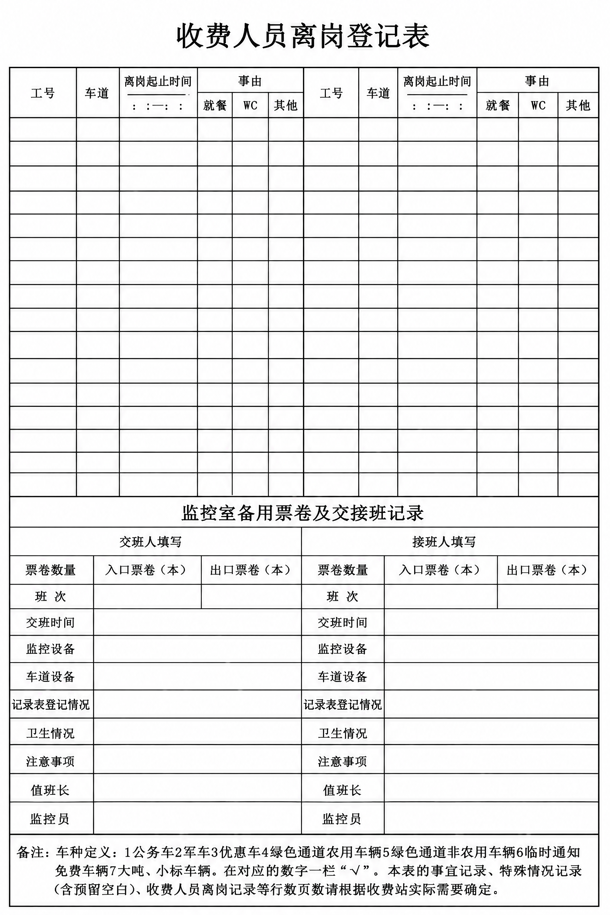 A4竖版尺寸的标准办公表格，标题为"收费人员离岗登记表"，黑色… - 图片创意预览