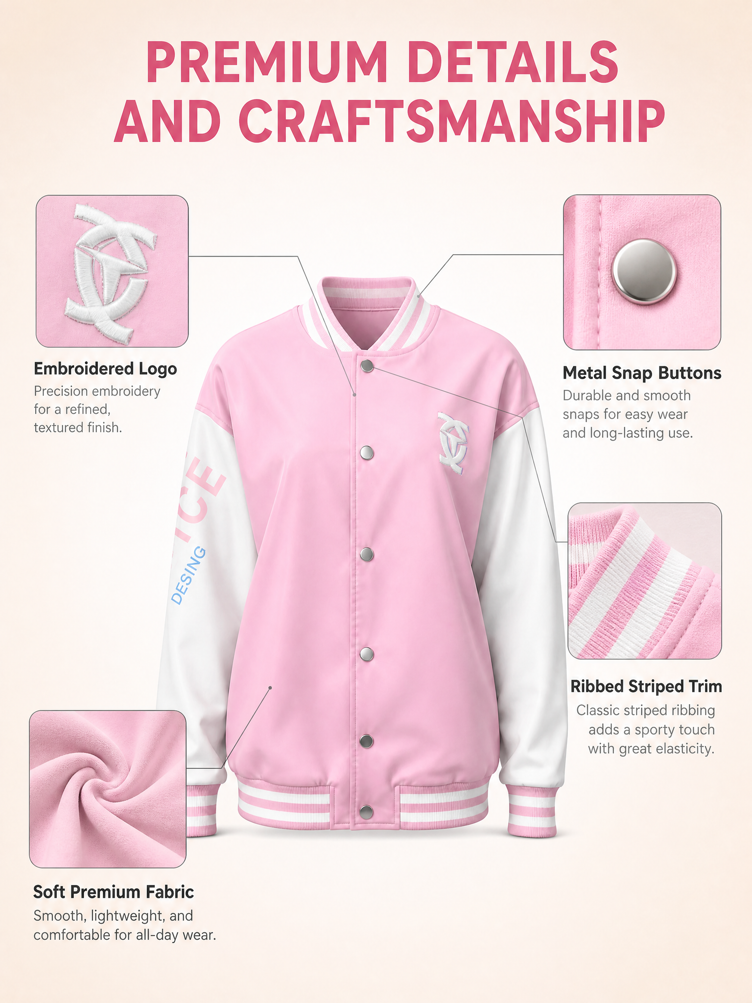 [主图-2] 女士粉白拼色棒球服核心卖点与细节展示图，证明产品… - 图片创意预览