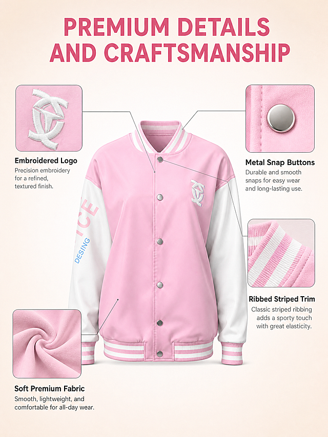 [主图-2] 女士粉白拼色棒球服核心卖点与细节展示图，证明产品品质和设计亮点，作为跨境电商第二张主图。
[统一基调] 整体风格为时尚高级感、跨境电商服饰主图、干净简约、年轻潮流；背景主色为浅米白渐变极简背景；标题字色为黑色和深粉色；辅助字色为深灰色；强调色为樱花粉；字体样式为现代无衬线粗体标题加无衬线常规体正文；字号层级为大标题最大最粗大于卖点标题中号粗体大于辅助说明小号常规；组件样式为简洁细线引线标注、圆角标签、无厚重色块底板。
[画面] 画面主体为粉白拼色棒球服正面完整展示，占画面约百分之五十，居中偏左位置。右侧和周围分布四个细节放大圆角矩形窗口，每个窗口用细灰色引线连接到产品对应部位：第一个细节窗口在右上方，展示金属按扣特写，银色圆形按扣的金属光泽和质感清晰可见，引线连接到夹克正面中间的按扣位置；第二个细节窗口在右中部，展示罗纹条纹领口特写，粉白相间的条纹罗纹纹理清晰，体现弹性和精致做工，引线连接到夹克领口位置；第三个细节窗口在左上方，展示胸前刺绣logo特写，白色刺绣的针脚和立体纹理清晰可见，引线连接到左胸刺绣位置；第四个细节窗口在左下方，展示面料纹理特写，光滑柔软的面料表面质感清晰，引线连接到夹克衣身面料位置。四个细节窗口大小一致，排列整齐，间距均匀。
[光影质感] 商业摄影质感，主光均匀柔和，细节窗口内光影与主产品一致，体现真实材质质感，金属按扣有自然反光，刺绣有立体阴影，面料有细腻纹理。
[配色] 沿用统一视觉基调，粉色白色产品为主，背景浅米白渐变，细节窗口边框用细深灰色线，标注文字深粉色和深灰色，整体色调和谐统一。
[文字版式] 画面顶部居中大标题PREMIUM DETAILS AND CRAFTSMANSHIP，粗体无衬线字体，深粉色，字号最大。每个细节窗口下方或旁边有对应卖点标题文字：Metal Snap Buttons、Ribbed Striped Trim、Embroidered Logo、Soft Premium Fabric，均为中号粗体无衬线字体，深灰色。卖点标题下方可有一行小号说明文字进一步解释。文字清晰可读，不遮挡产品关键部位。
[输出要求] 比例三比四，文字清晰可读，产品清晰完整，细节放大图真实准确，无变形，无错字，无模糊，无水印，无平台Logo。禁止出现中文文字。