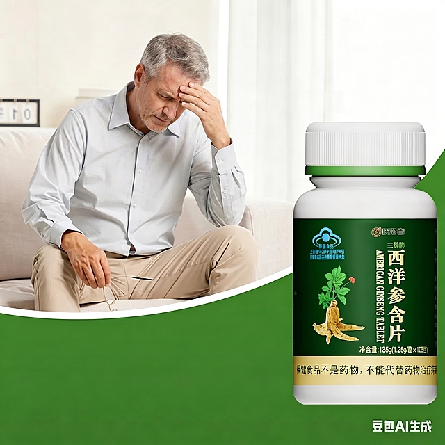 将图中人物替换为外国中老年人，保持姿势、服装风格和整体画面构图不变，右侧西洋参含片瓶子保留，保持整体风格一致