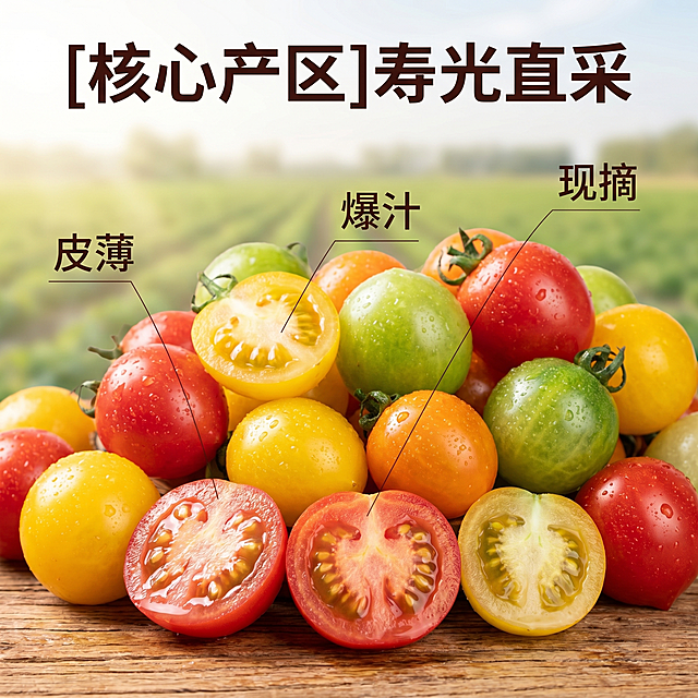 [主图 2] 寿光七彩小番茄产地溯源核心亮点展示。[氛围风格] 新鲜田园产地氛围，真实信任质感。[画质] 商业摄影质感、光线柔和通透、产品清晰真实、画面干净高级，商品主体占比70%，大图满铺无边框。[元素] 保持七彩小番茄原有色彩和形态，展示切开的横切面，凸显爆汁的果肉质感，背景融入寿光农田远景虚化，小番茄主体放在画面前景清晰突出。保持小番茄外观颜色形状与输入图片绝对一致，杜绝任何变形和色差，精细化处理。用细引线标注出核心特点：皮薄 爆汁 现摘。[光影] 自然日光，顺光加侧光，突出切面的水润多汁，通透自然。[配色] 主色调为番茄多彩果肉色，背景浅绿田园色，清新自然。[视角构图] 俯视略微倾斜构图，主体完整。[文字版式] 顶部大字“[核心产区]寿光直采”，深色粗体清晰，引线纤细标注对应部位，不遮挡主体。[比例分辨率] 1:1比例，2k分辨率，文字清晰可辨，超高清。[负向提示词] 变形，水印，文字错乱，产品图模糊，背景杂乱，牛皮癣，配色刺眼，遮挡主体。