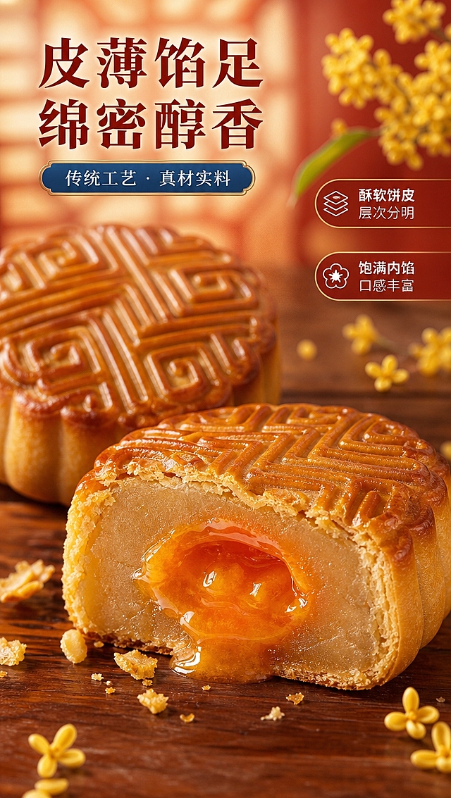 [商品] 使用【图5】月饼；保留月饼圆形花纹、棕黄色饼皮、传统压花图案；切开剖面展示内馅，饼皮厚度、内馅质感真实自然，不改变月饼外观颜色和花纹。
[画面] 目标：月饼口感质地特写，内馅饱满有食欲。构图：中心特写，1块切开的白莲蛋黄月饼占据画面主体（占65%），露出流油蛋黄和白莲蓉内馅；旁边放完整月饼做参照；前景散落少许饼屑，背景虚化暖光+桂花；微距质感，突出酥皮层次和内馅绵密。
[视觉] 套系策略：风格=国潮中式高级商业美食摄影；标题字=宋体衬线粗体（国风厚重）；正文字=简洁无衬线体；主色=暖橙红；背景延展=基于暖橙红做深浅渐变、暖光晕染、细腻质感；强调色=宝蓝色，仅用于小面积标签；标题色=深棕红；正文色=暖棕灰；组件=圆角小标签；光影=侧暖柔光，突出内馅油润光泽和饼皮纹理。
[文字] 左上角主标题「皮薄馅足 绵密醇香」，副标题「传统工艺 · 真材实料」；右侧2个短卖点：「酥软饼皮 层次分明」「饱满内馅 口感丰富」；文字全部横向排版，字号适中不抢画面。
[规格] 图片比例9:16竖版，4K分辨率，负向提示：避免变形、错字、文字过小、月饼颜色改变、内馅不真实、极限词。