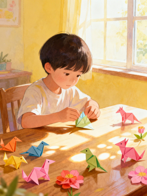 一个孩子专注地折纸，桌上散落彩色折纸作品，阳光透过窗户洒在桌面，温馨明亮的室内场景，折纸动物和花朵栩栩如生，风格是插画风格，比例是3:4预览效果