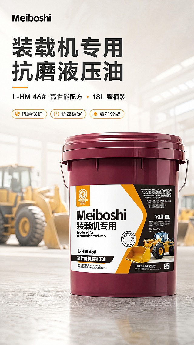 [商品] 使用【图1】美博士 Meiboshi 装载机专用 L-HM 46# 高性能抗磨液压油 18L 塑料桶：保留酒红色桶身与桶盖、白色金属提手箍、橙白配色的标签版式、橙色方块品牌 Logo、桶身全部原有中英文文字与图案（含 Meiboshi、装载机专用、Special oil for construction machinery、L-HM 46#、高性能抗磨液压油、净含量 18L、右下角装载机插画），不得翻译、替换、改写、遮挡或新增商品本体文字；修复标签边缘反光与透视畸变，增强桶身材质与高光质感，桶身结构、比例、颜色、部件不变。
[画面] 详情页首屏，全貌展示。产品居右偏中、正立放置于浅灰水泥质感台面，约 3/4 侧微仰视，占画面约 62%；左侧与上方留白承载文案区。前景浅灰台面与柔和接触阴影与淡淡反射，中景为产品，后景为明亮虚化的装载机停放区（浅色车间/工地）。阅读动线：左上主标题 → 副标题 → 卖点胶囊 → 产品。
[视觉] 套系策略：风格=简约高端工业风商业摄影，明亮通透不压抑；标题字=现代无衬线粗体；正文字=细无衬线体；主色=浅雾灰白（中性微暖）；背景延展=浅雾灰白到浅暖灰的浅层渐变，叠加细腻水泥肌理与浅色车间机械虚化，按主色做深浅明暗延展；强调色=橙色，仅用于小面积图标、引线、标签与局部光效；标题色=深炭墨；正文色=中灰；组件=细线圆角信息条、圆点标签、半透明浅底卡片；光影=左前侧柔和主光加顶部轮廓反光，产品高光通透，浅色环境反射。
[文字] 主标题“装载机专用抗磨液压油”；副标题“L-HM 46# 高性能配方 · 18L 整桶装”；右侧 2-3 个短卖点胶囊“抗磨保护”“长效稳定”“清净分散”；左上角小号品牌字“Meiboshi”。全部横向排版，层级清晰，不遮挡桶身标签主体文字。
[规格] 图片比例 9:16 竖版，4K；负向：暗黑压抑背景、冷蓝或蓝灰作主色、文字竖排或旋转、错字乱码、桶身标签文字被改写、产品拉长压扁、二维码水印、平台 Logo 或角标。