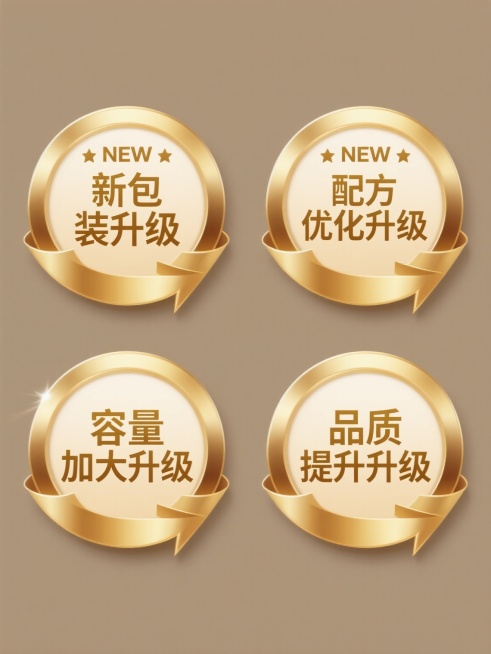 四个规整排布的金色圆形徽章集合，每个徽章均保持相同的3D金属质感、光滑金色渐变、高光与阴影细节、环绕式金色箭头设计、米色圆形中心背景以及顶部"NEW"英文与两侧五角星元素，风格统一。第一个徽章中心文字为"新包装升级"，第二个为"配方优化升级"，第三个为"容量加大升级"，第四个为"品质提升升级"，所有文字均采用相同的金色书法风格字体，整体在纯色背景上呈现出精致、高端的促销标识设计感。预览效果