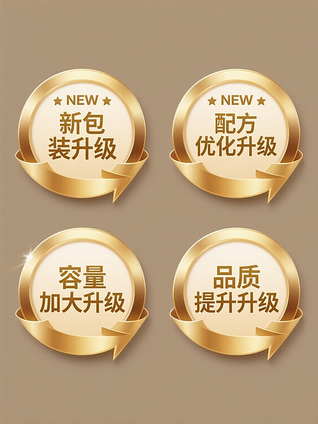 四个规整排布的金色圆形徽章集合，每个徽章均保持相同的3D金属质感、光滑金色渐变、高光与阴影细节、环绕式金色箭头设计、米色圆形中心背景以及顶部"NEW"英文与两侧五角星元素，风格统一。第一个徽章中心文字为"新包装升级"，第二个为"配方优化升级"，第三个为"容量加大升级"，第四个为"品质提升升级"，所有文字均采用相同的金色书法风格字体，整体在纯色背景上呈现出精致、高端的促销标识设计感。